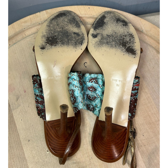 Nine West Strappy Heel Stacked Heel Womens‎ 9M Brown Floral Retro - Picture 8 of 8